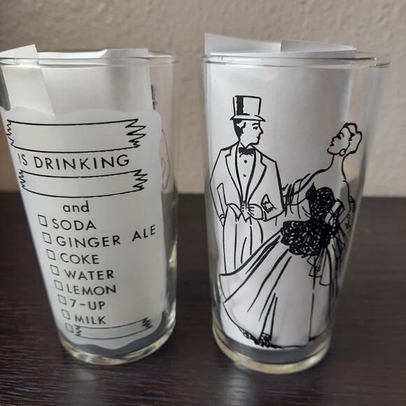 VTG Federal Glass Highball Cocktail Fancy Couple Drink List 5" Set Frosted Back - Picture 3 of 7